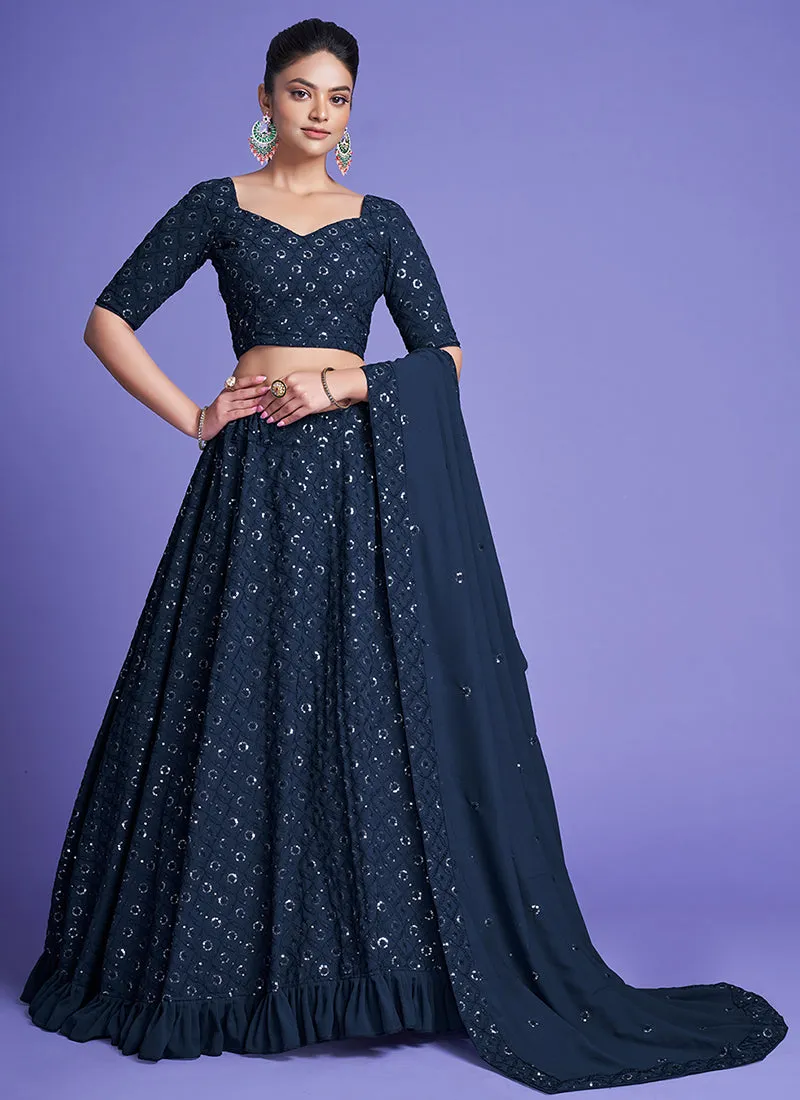 Dark Blue Sequence Embroidery Wedding Lehenga Choli