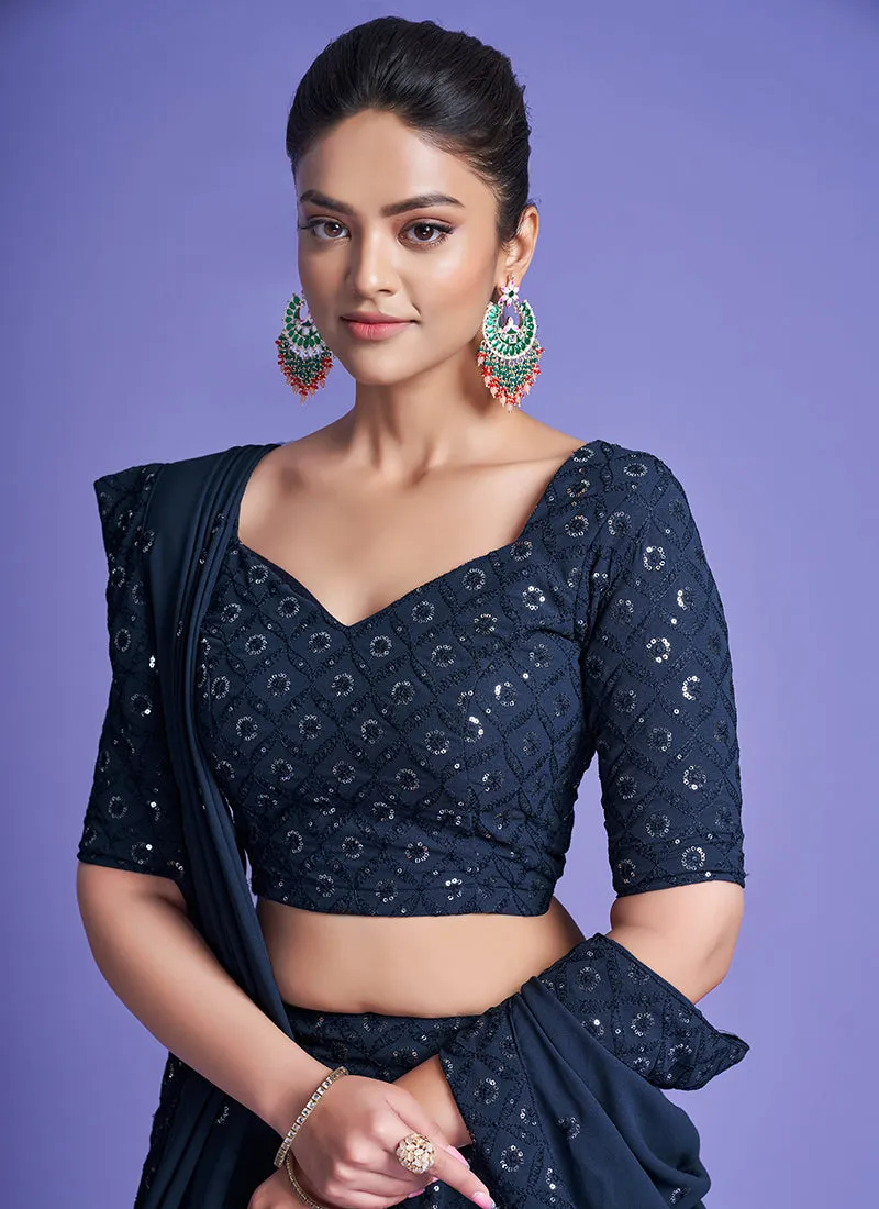 Dark Blue Sequence Embroidery Wedding Lehenga Choli