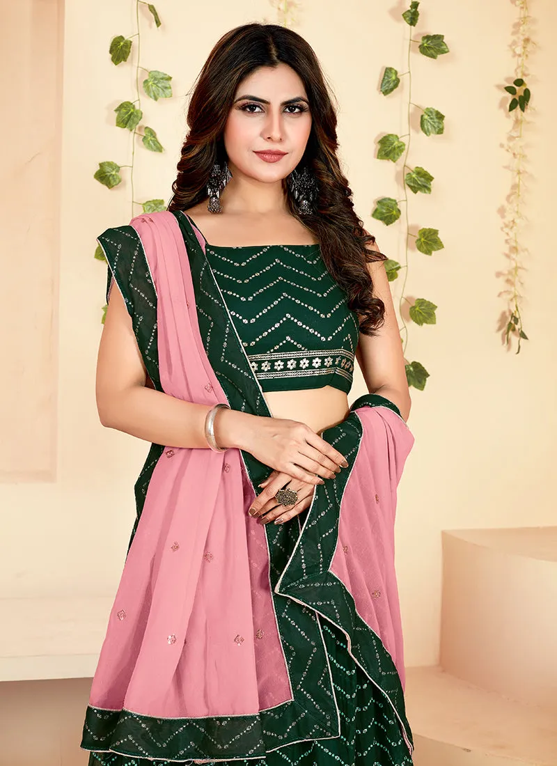 Dark Green Golden Block Printed Georgette Lehenga Choli