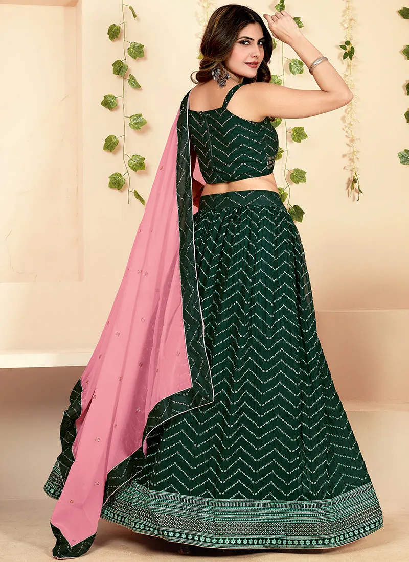 Dark Green Golden Block Printed Georgette Lehenga Choli