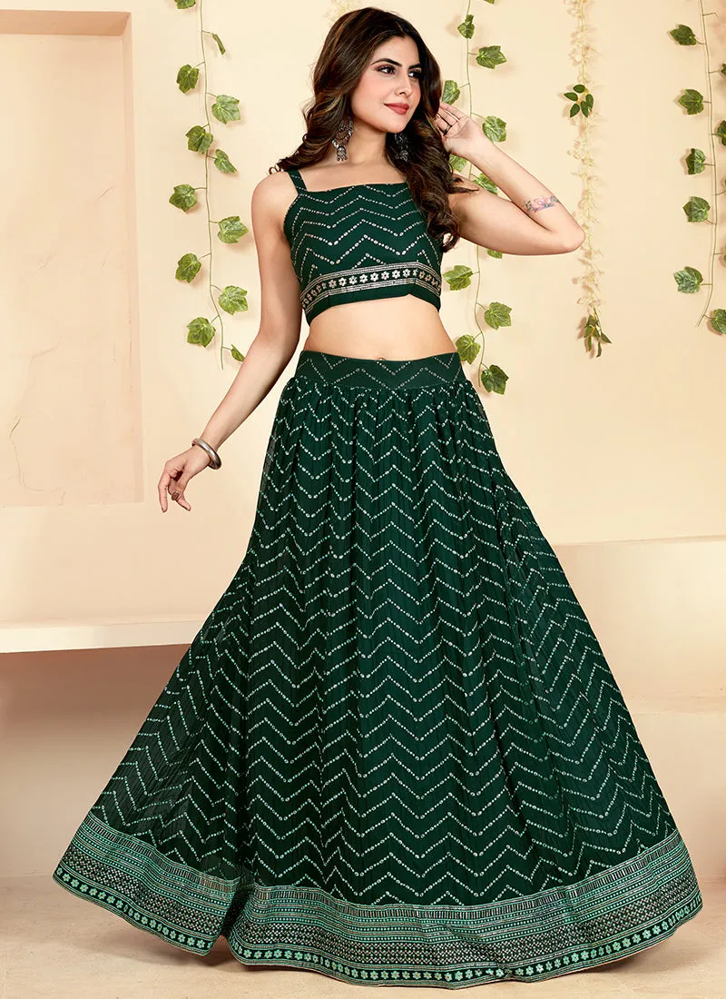 Dark Green Golden Block Printed Georgette Lehenga Choli