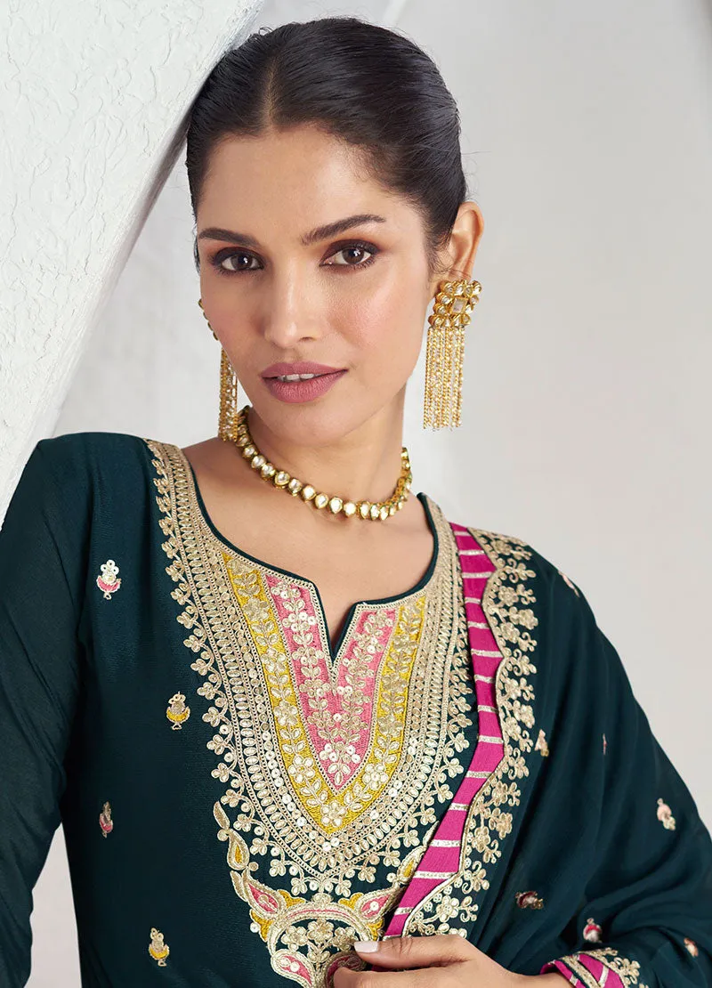 Dark Green Multi Embroidered Wedding Lehenga Kurti Set