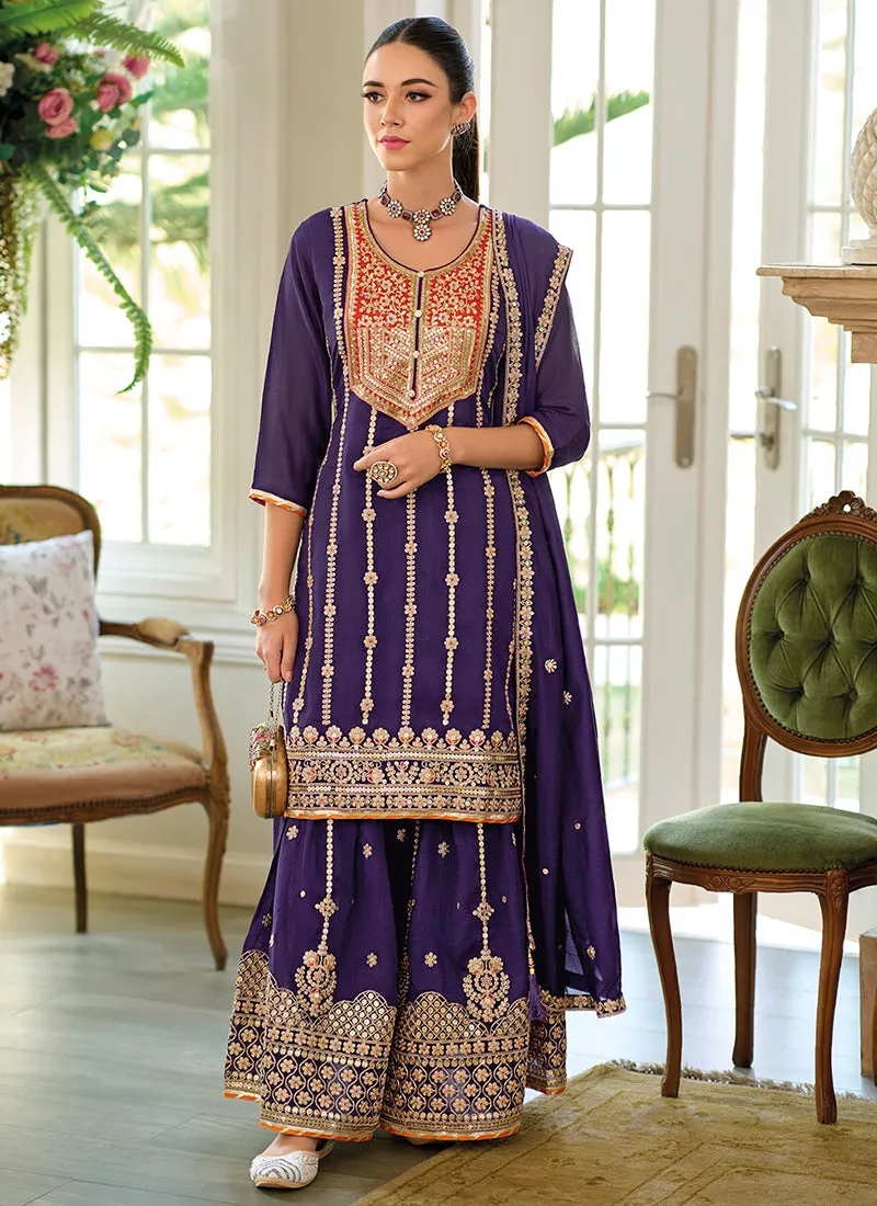 Deep Purple Multi Embroidery Wedding Sharara Suit