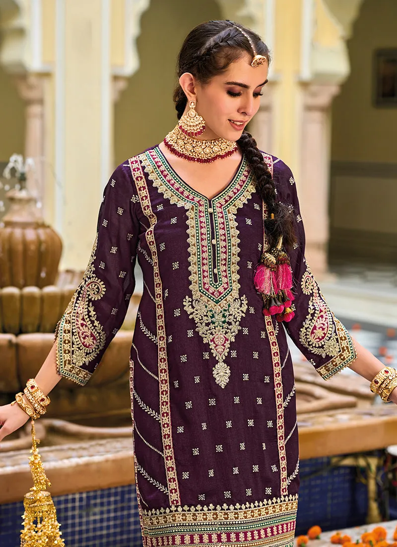 Deep Wine Multi Embroidery Traditional Pant Style Suit