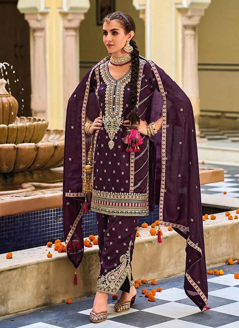Deep Wine Multi Embroidery Traditional Pant Style Suit