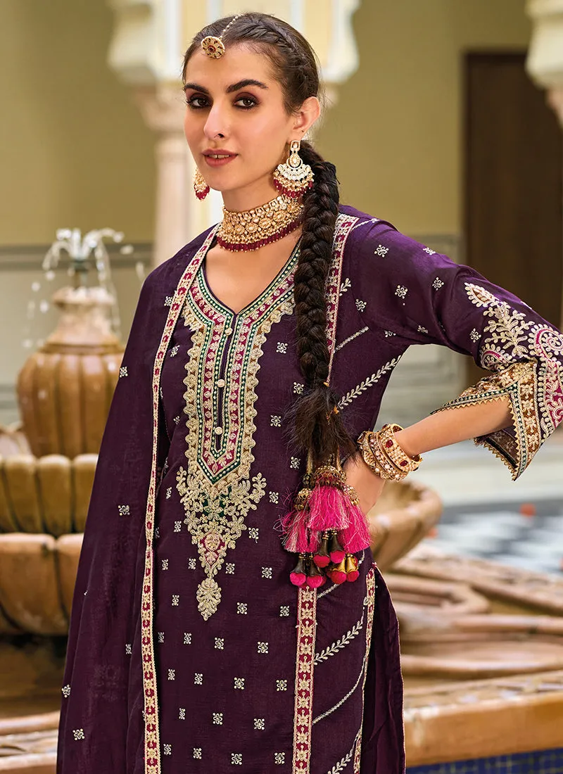 Deep Wine Multi Embroidery Traditional Pant Style Suit
