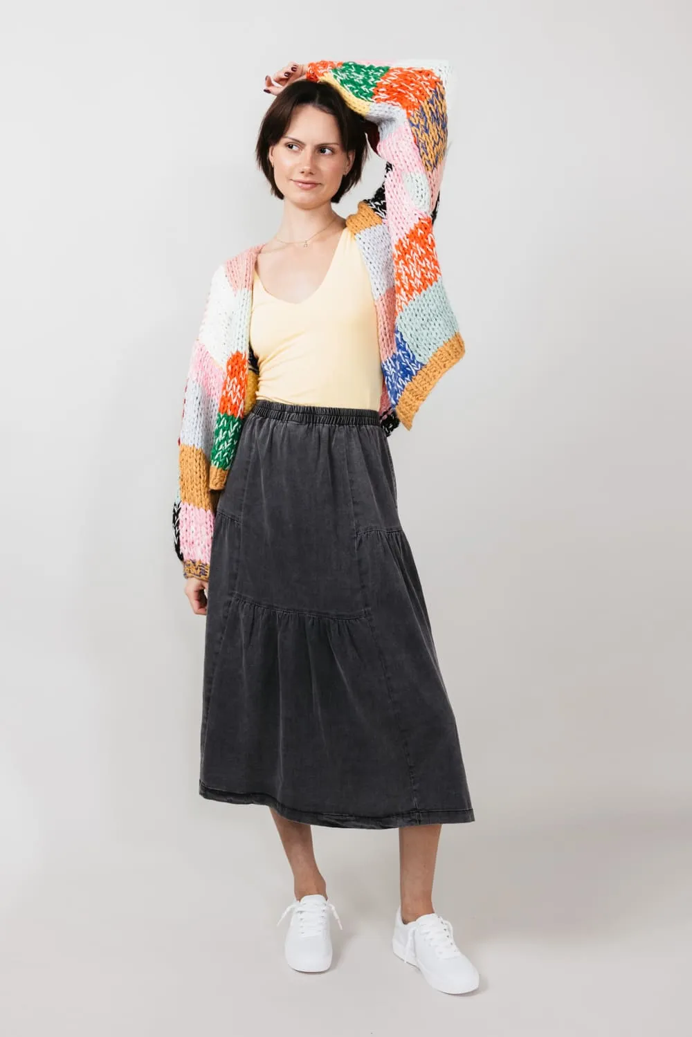 Denim Tiered Midi Skirt for Women in Black | FS3401-BLACK