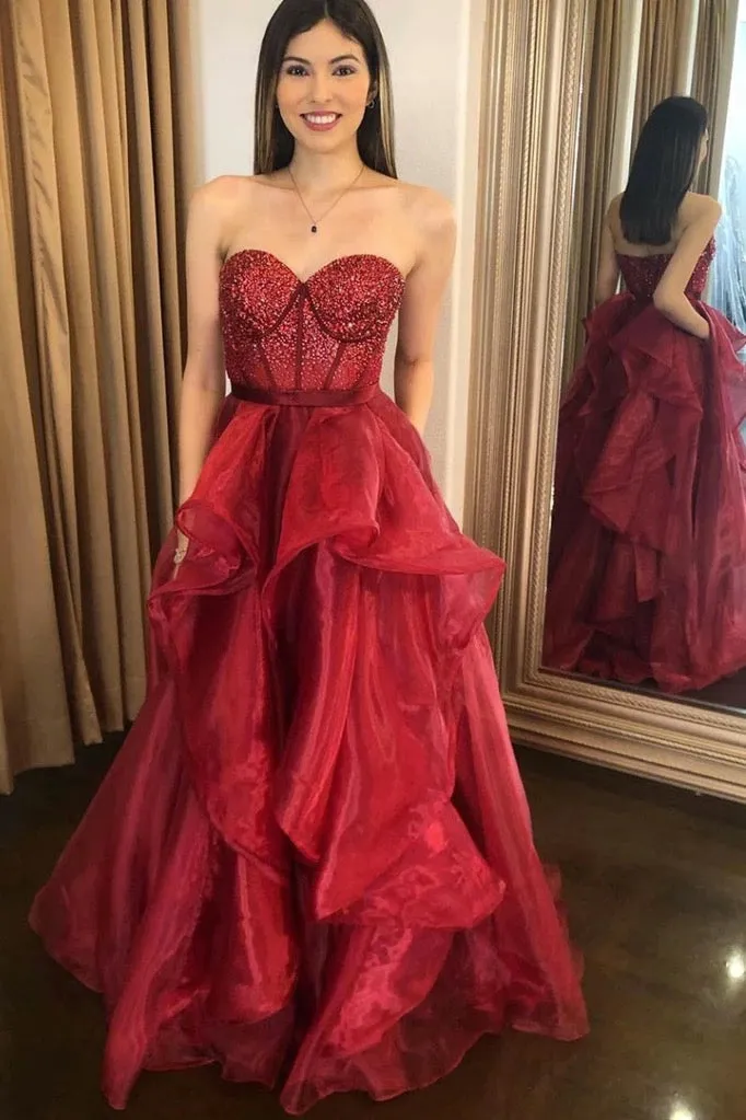 Elegant A Line Sweetheart Beaded Sleeveless Long Burgundy Tulle Prom Dresses Evening Dress OHC325