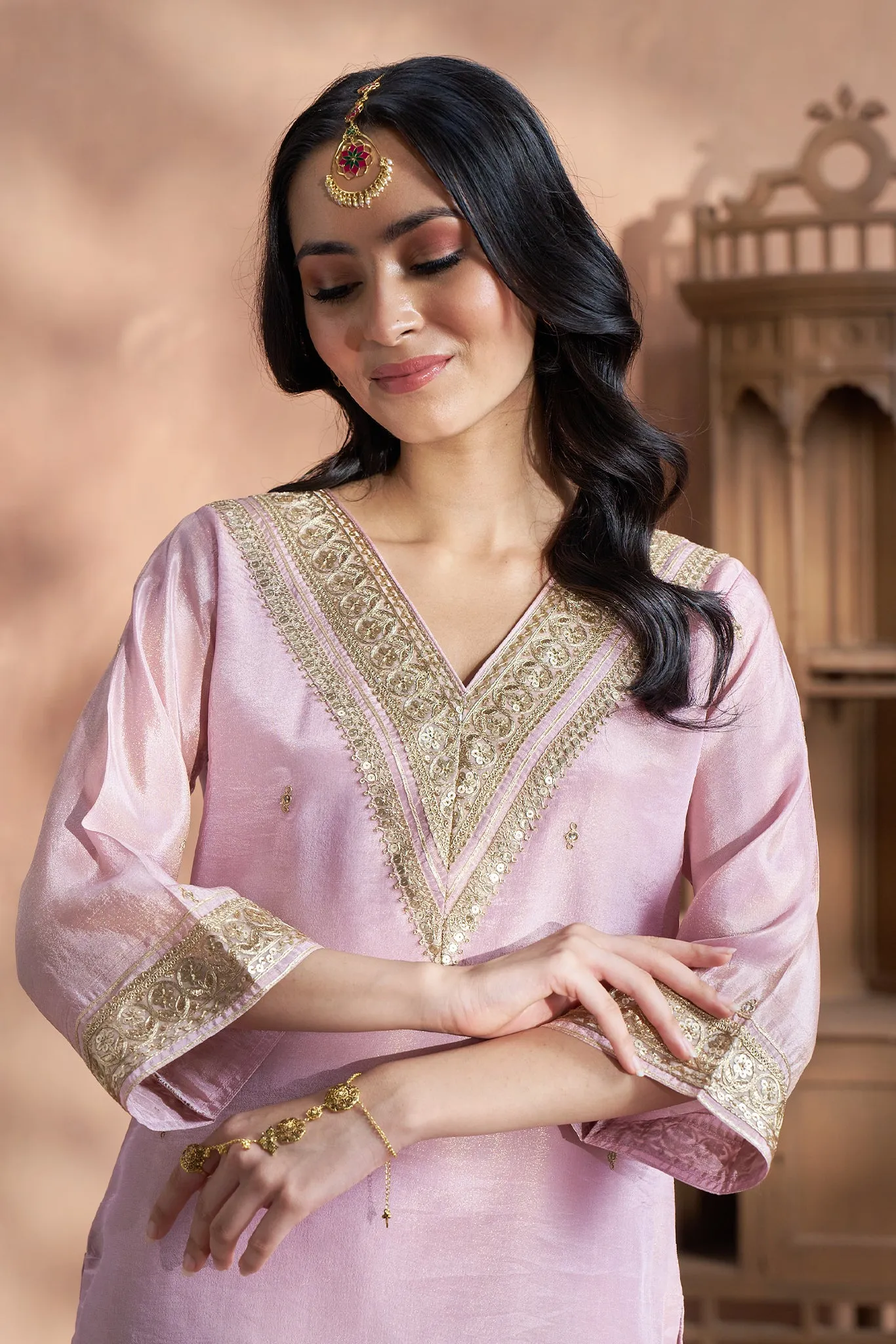 Elegant Pink Shimmer Tissue Kurta Set
