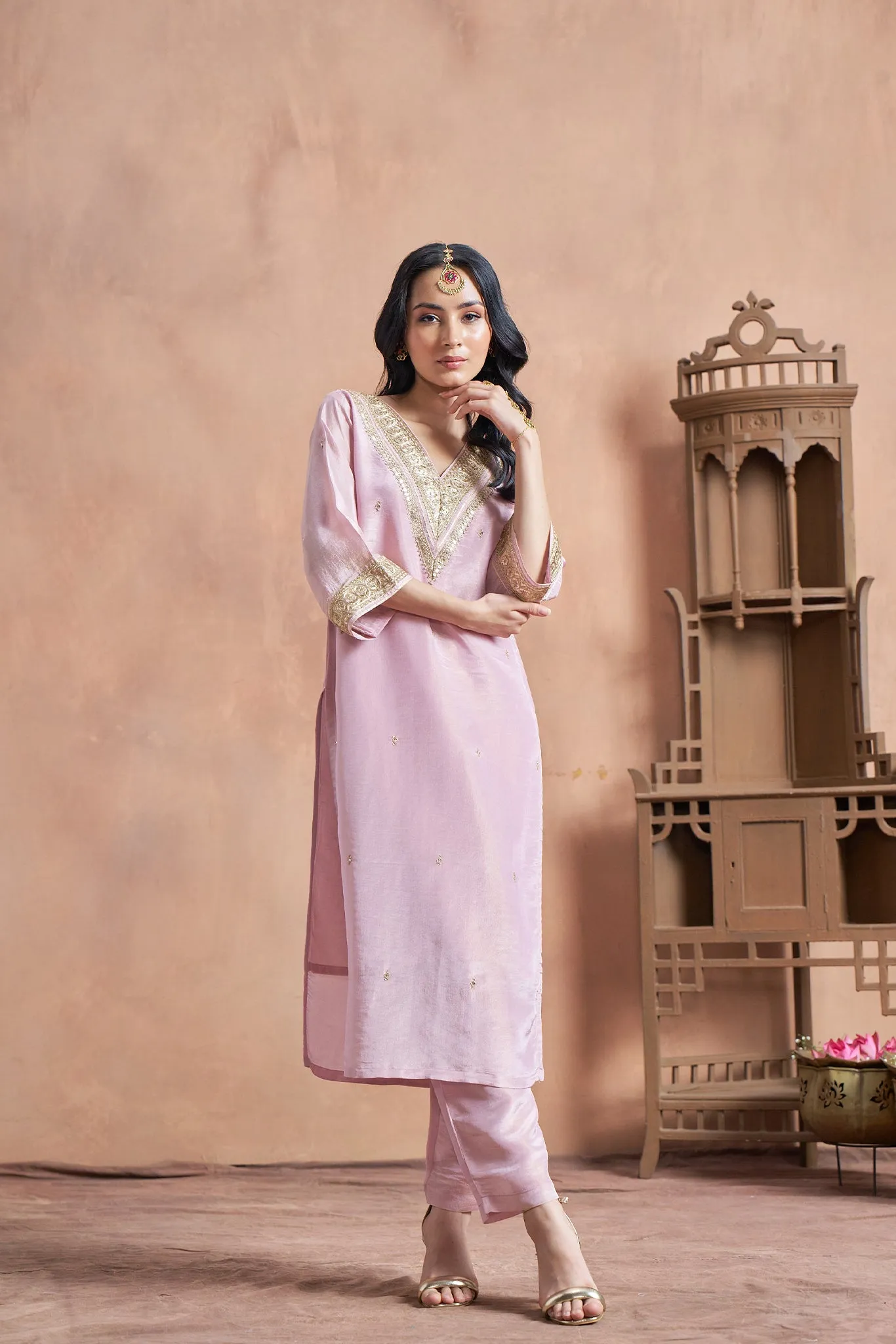 Elegant Pink Shimmer Tissue Kurta Set