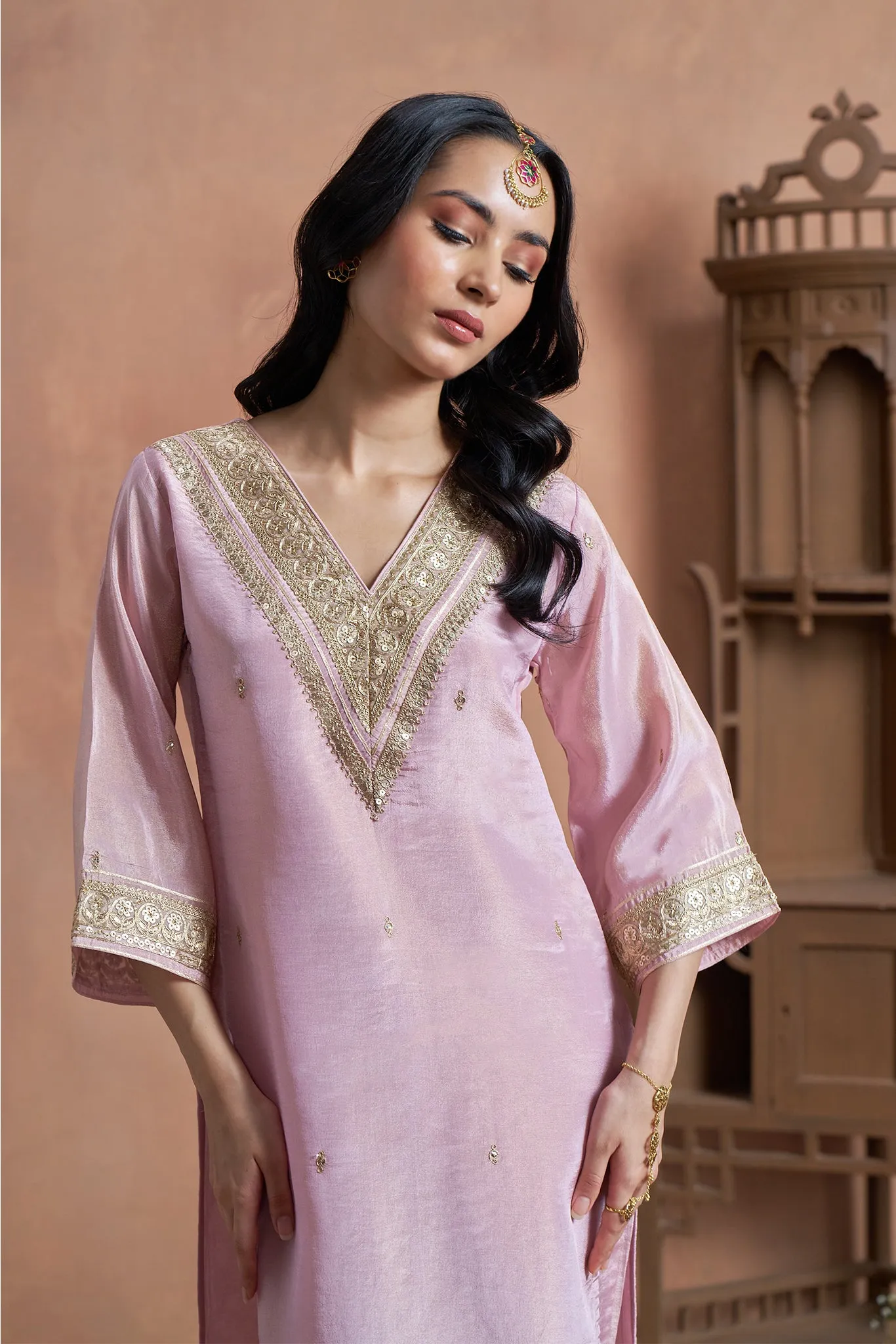 Elegant Pink Shimmer Tissue Kurta Set