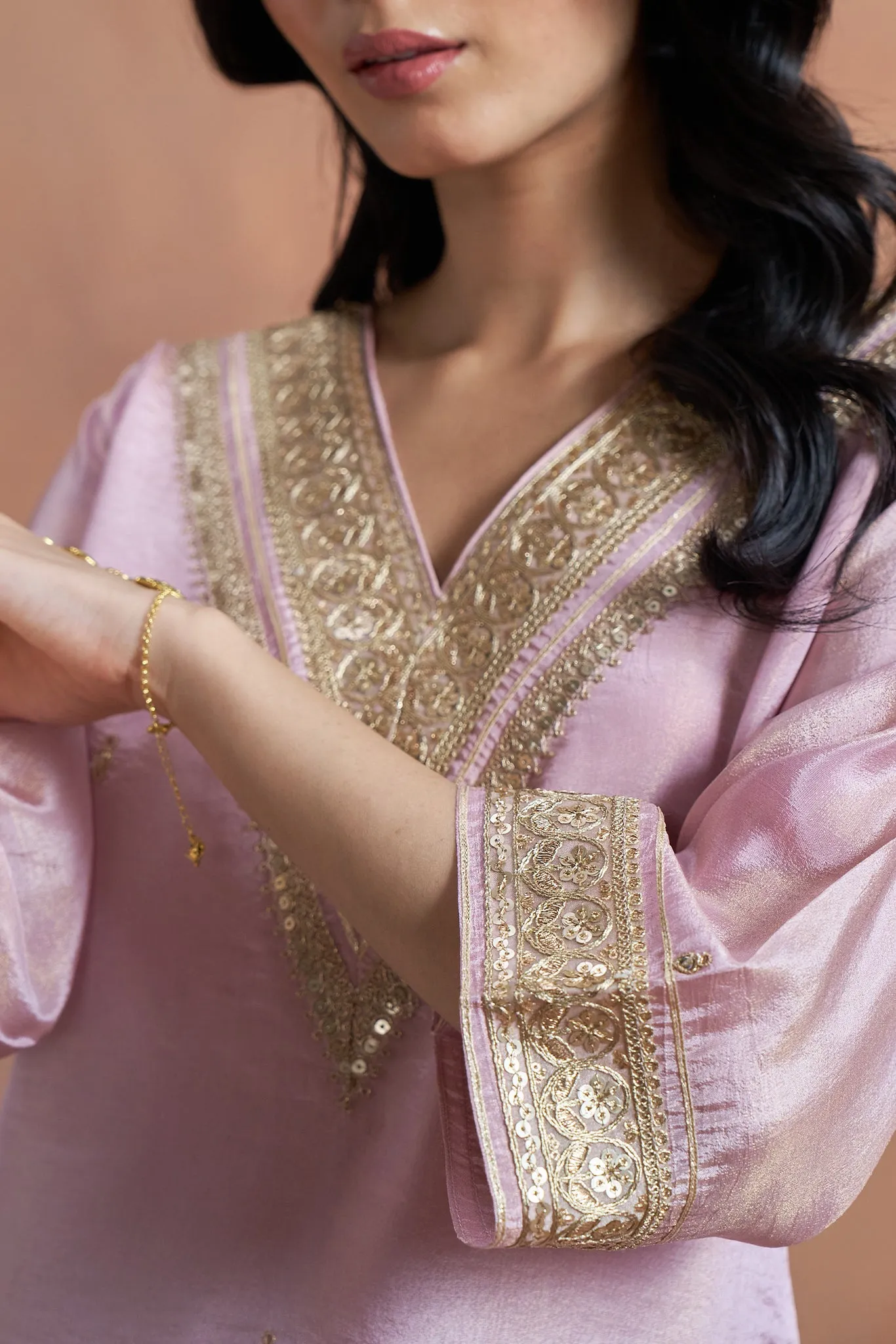 Elegant Pink Shimmer Tissue Kurta Set