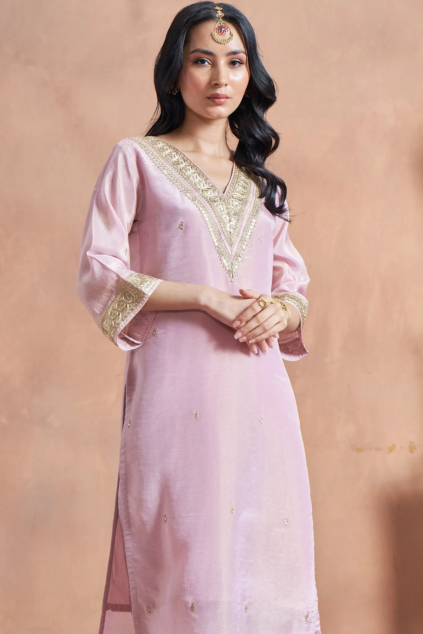 Elegant Pink Shimmer Tissue Kurta Set