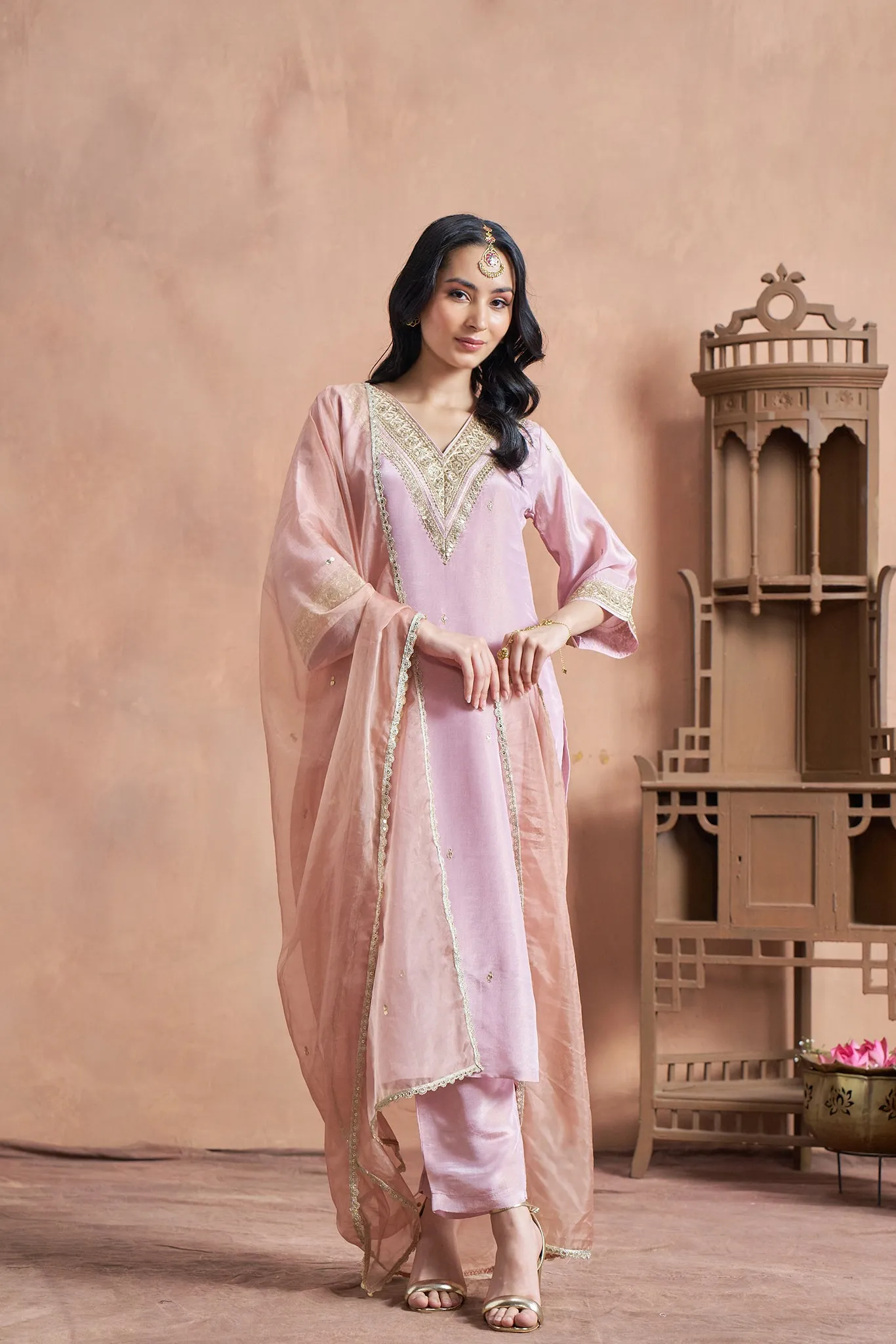 Elegant Pink Shimmer Tissue Kurta Set