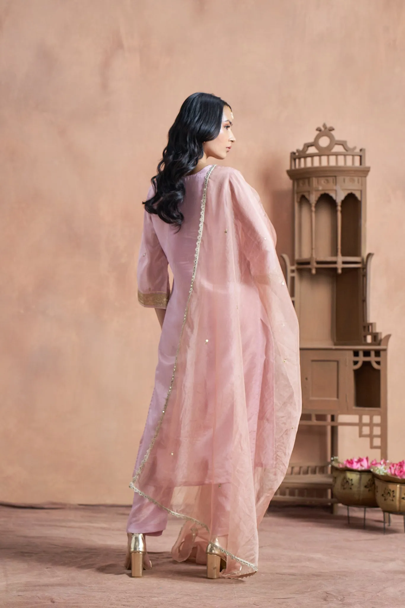 Elegant Pink Shimmer Tissue Kurta Set