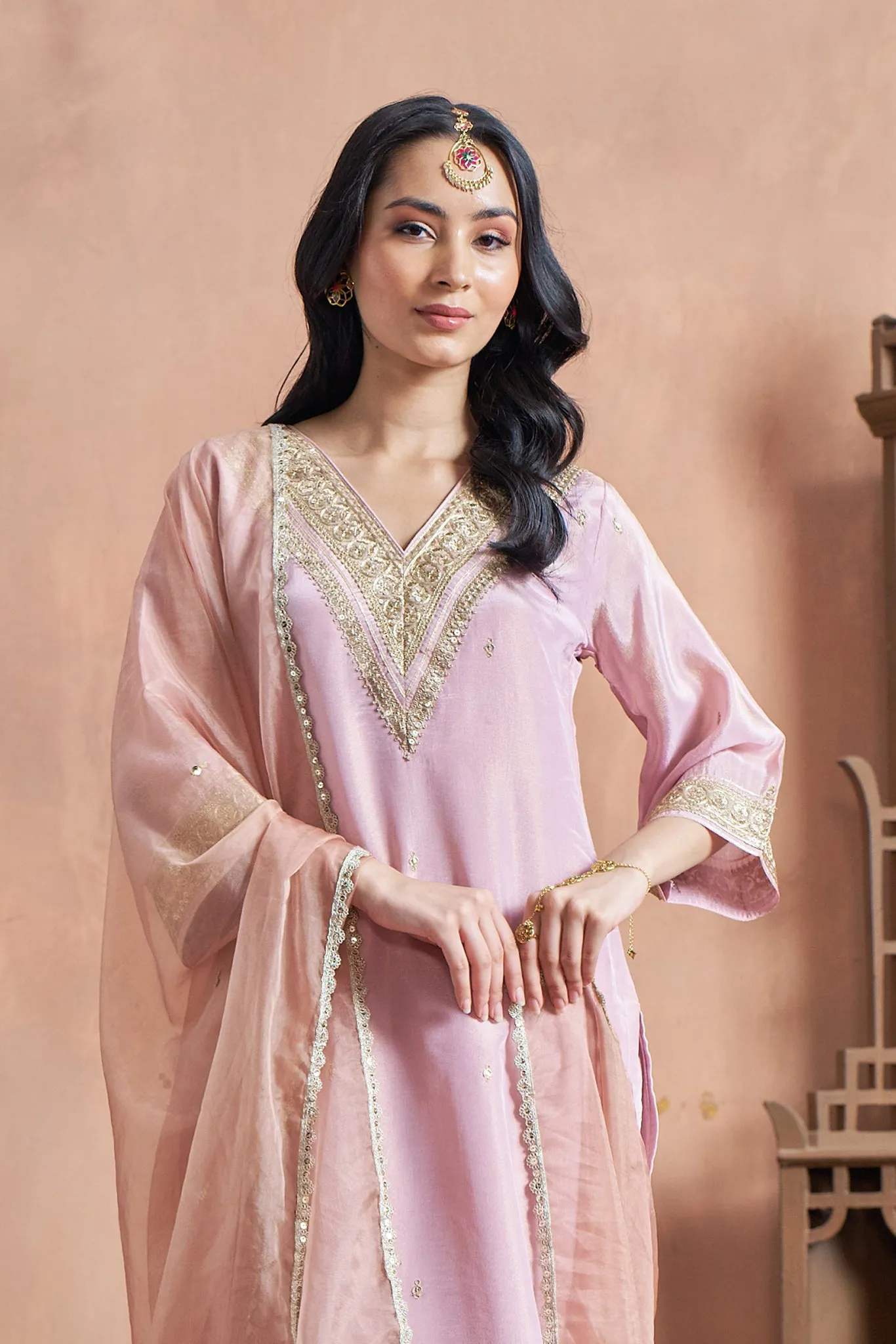 Elegant Pink Shimmer Tissue Kurta Set