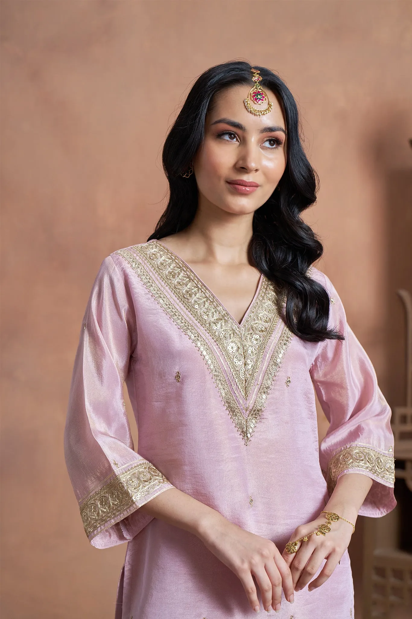 Elegant Pink Shimmer Tissue Kurta Set