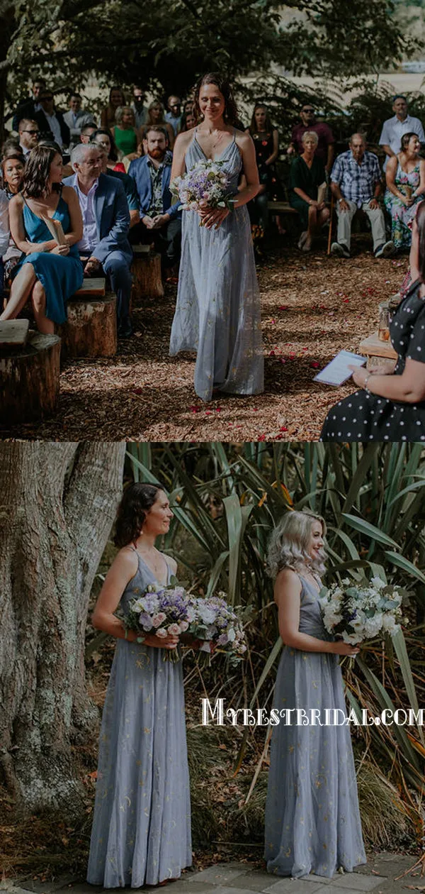 Elegant V-neck Floor-length Tulle Long Bridesmaid Dresses, BDS0150