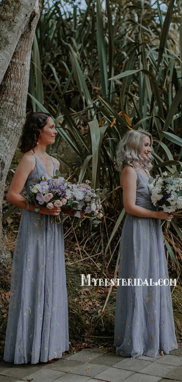 Elegant V-neck Floor-length Tulle Long Bridesmaid Dresses, BDS0150