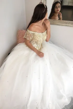 Elegant White Tulle Off Shoulder Beaded Long Lace Prom Dress Formal Dress With Applique OHC377
