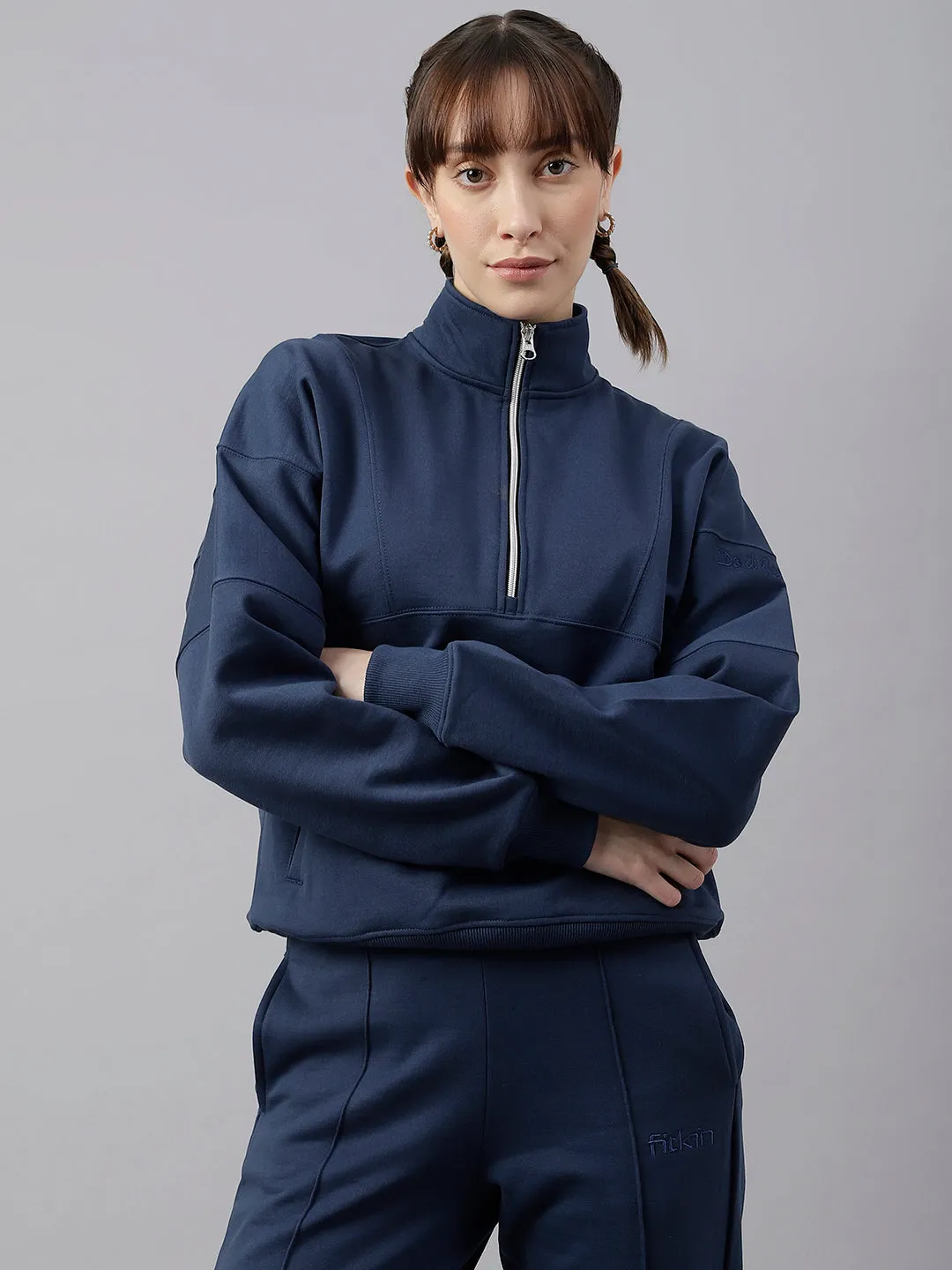 Fitkin Women Blue Regular Fit Fleece Sweatshirt