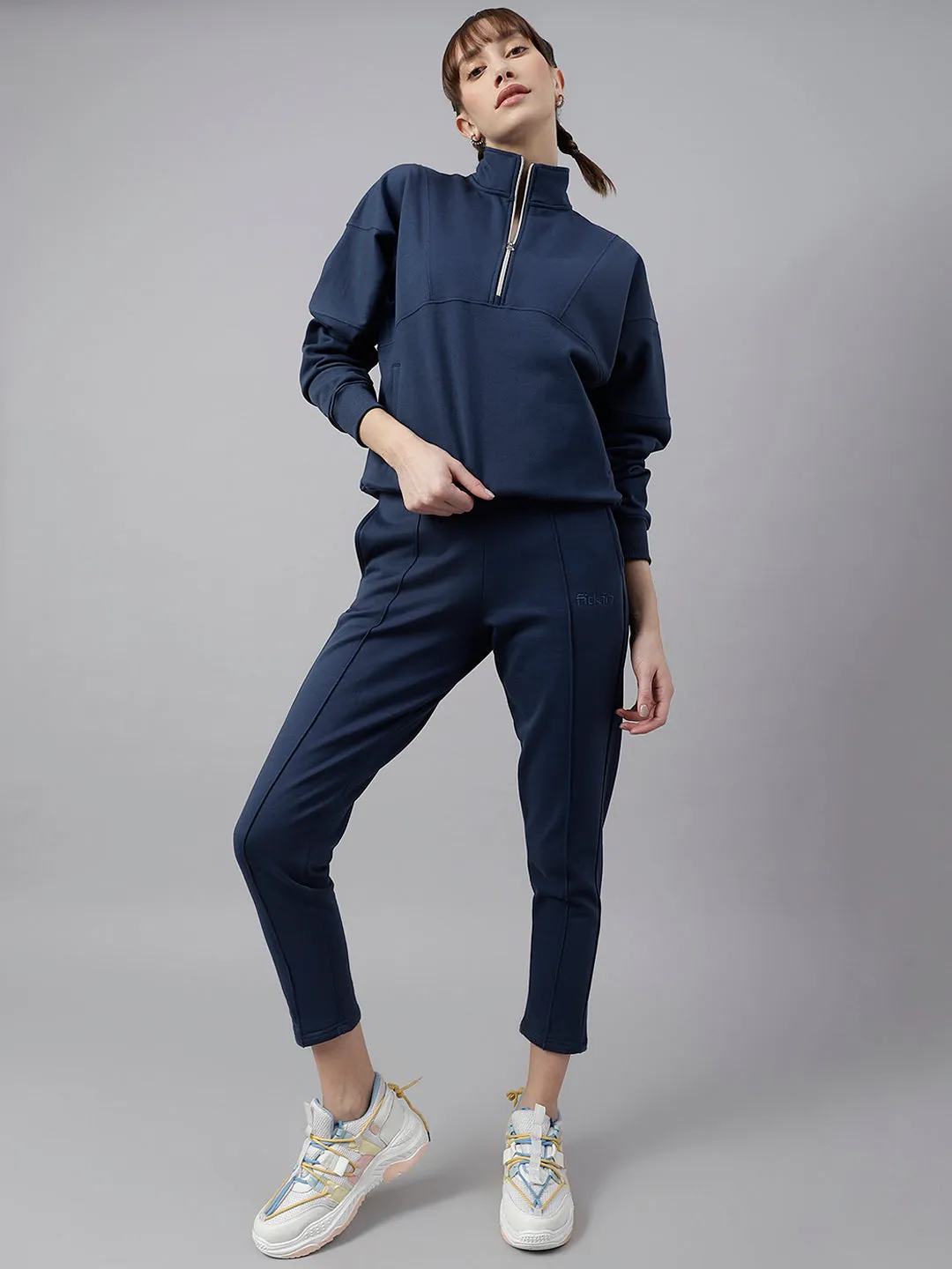 Fitkin Women Blue Regular Fit Fleece Sweatshirt