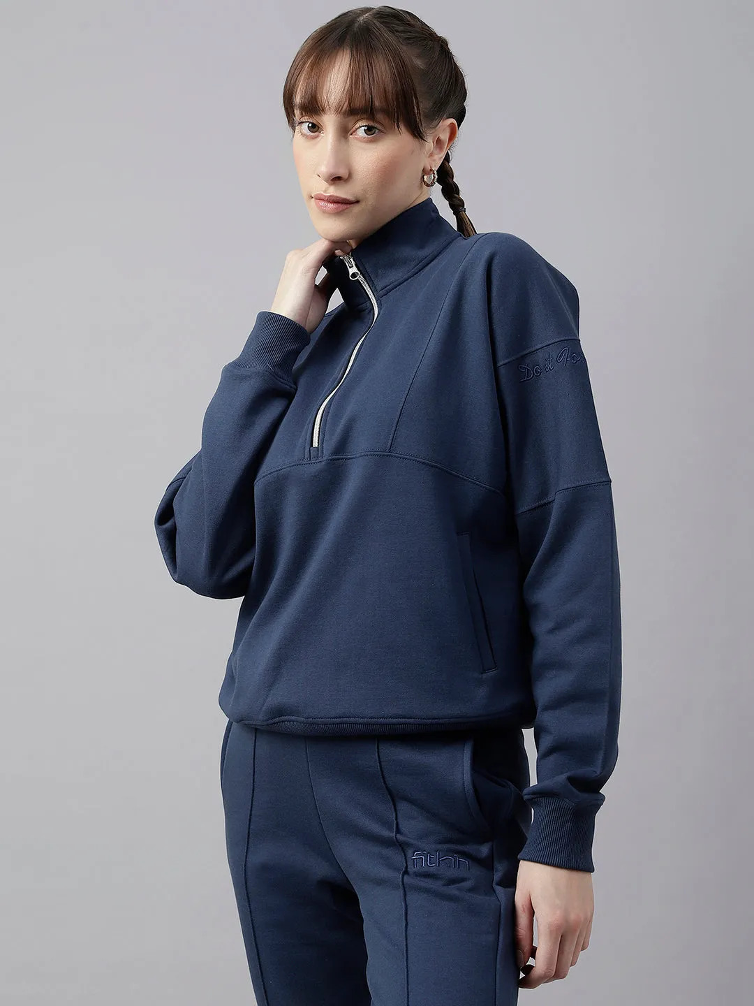 Fitkin Women Blue Regular Fit Fleece Sweatshirt