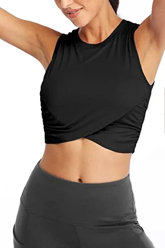 Fofitness Women's Sexy Workout Yoga Tops Running Training Exercise Shirts Fitness Gym Outfits Muscle Crop Activewear Clothes Sports Dance Boxing Tennis Wear Black, Small