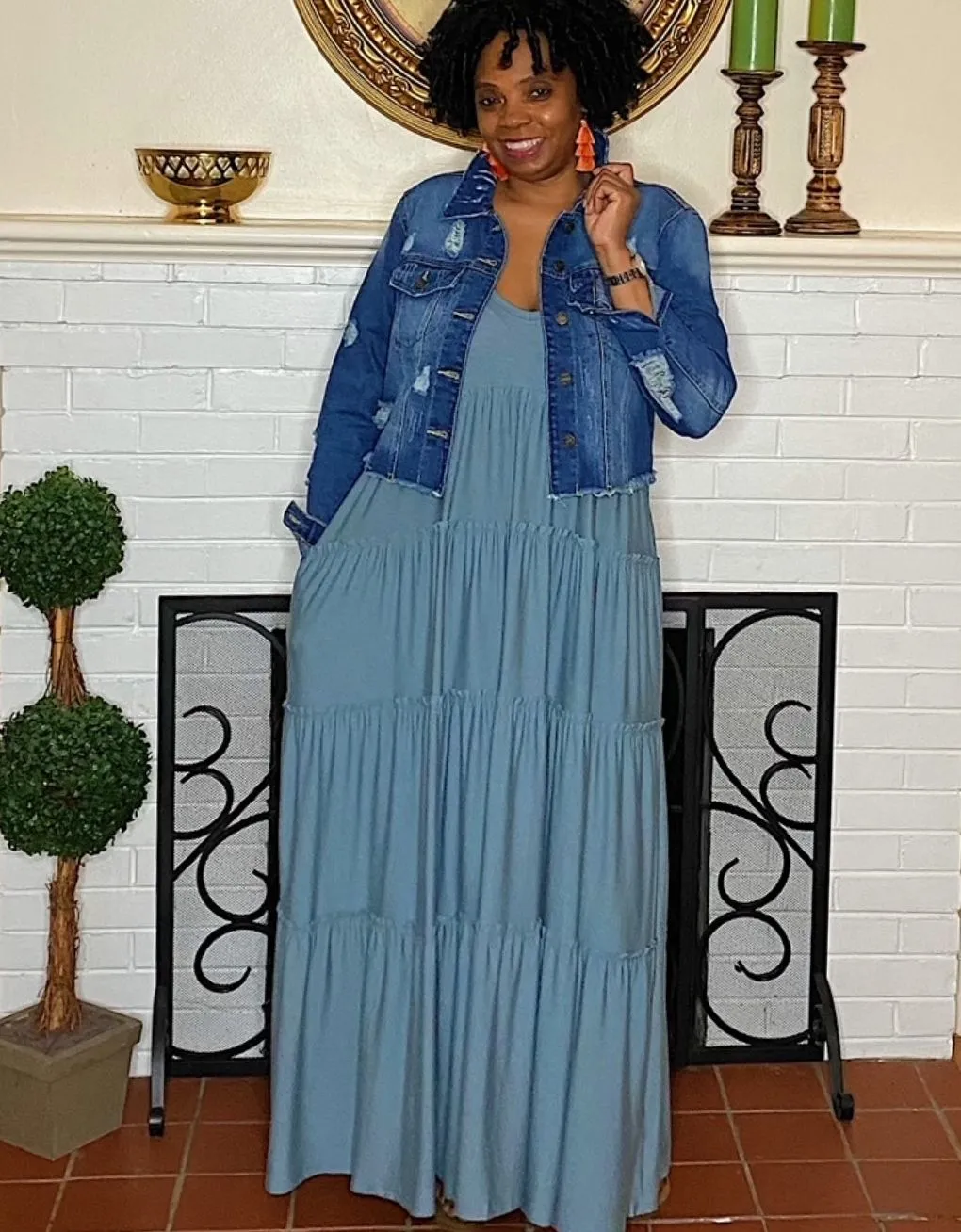 ‘Gianna’ Tiered Maxi Blue Grey Curvy