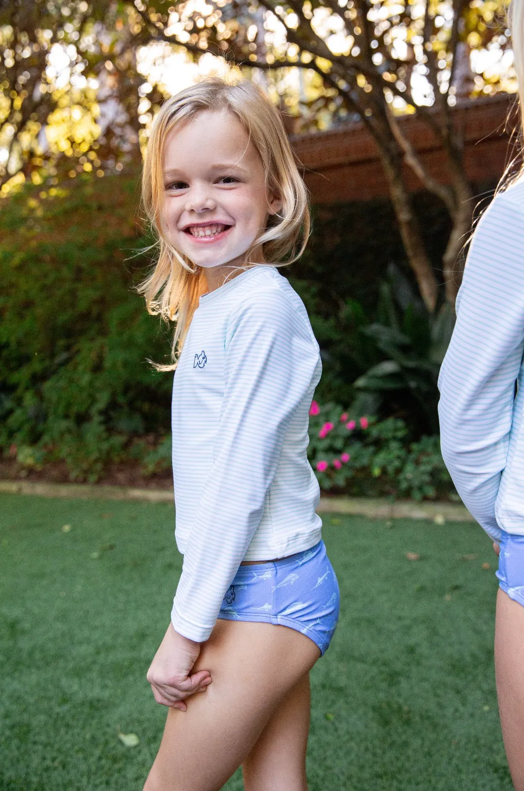 Girls' Reef Rashguard Swim Set in Waterspout Green Stripe and Marina Blue Fish Print