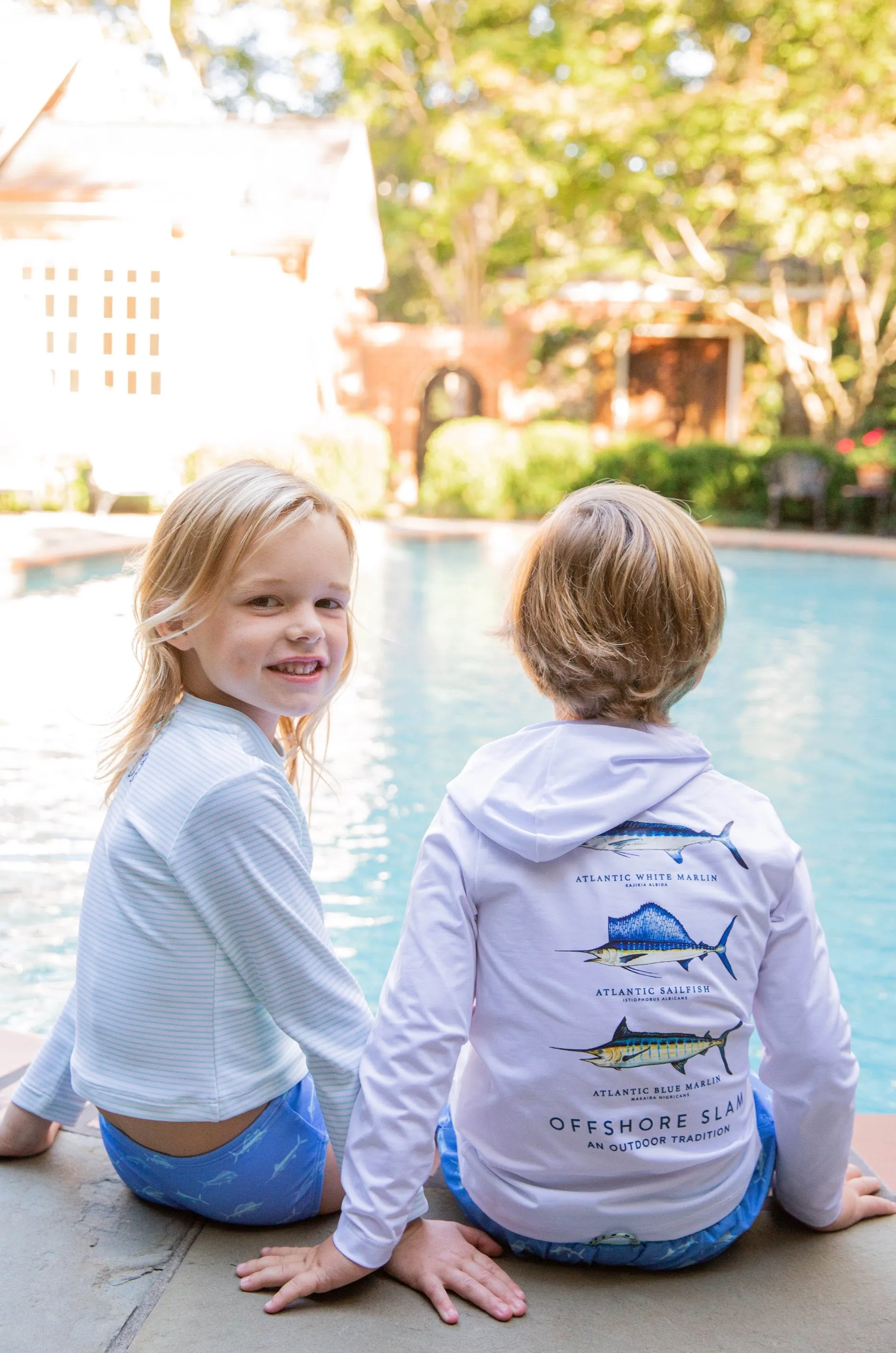 Girls' Reef Rashguard Swim Set in Waterspout Green Stripe and Marina Blue Fish Print