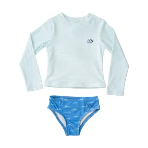 Girls' Reef Rashguard Swim Set in Waterspout Green Stripe and Marina Blue Fish Print