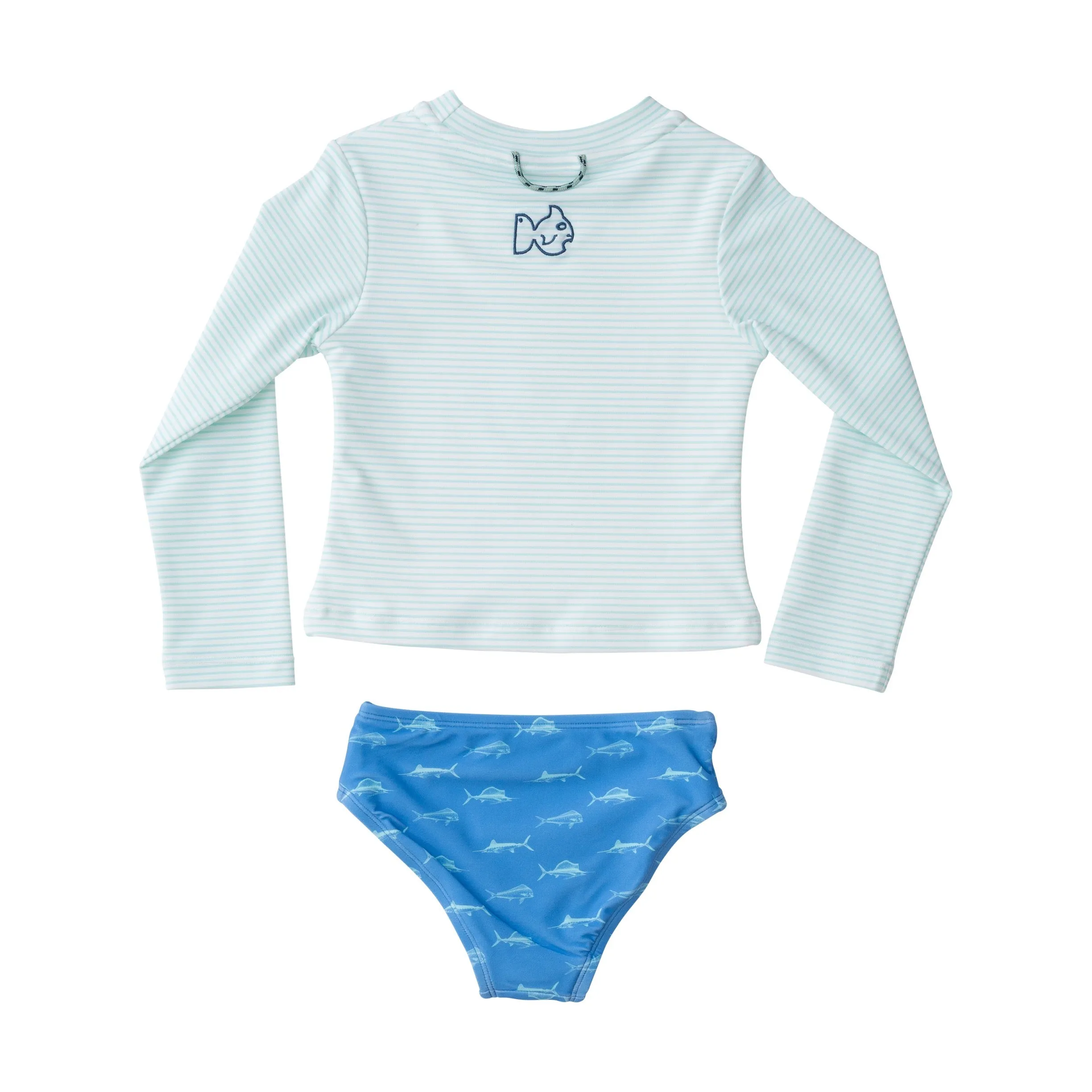 Girls' Reef Rashguard Swim Set in Waterspout Green Stripe and Marina Blue Fish Print