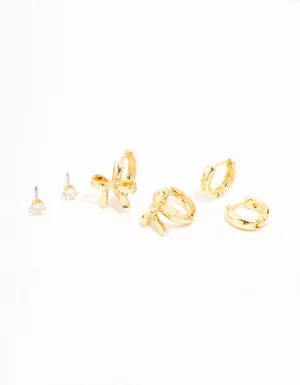 Gold Plated Brass Bow Drop & Cubic Zirconia Huggie & Stud Earrings 3-Pack