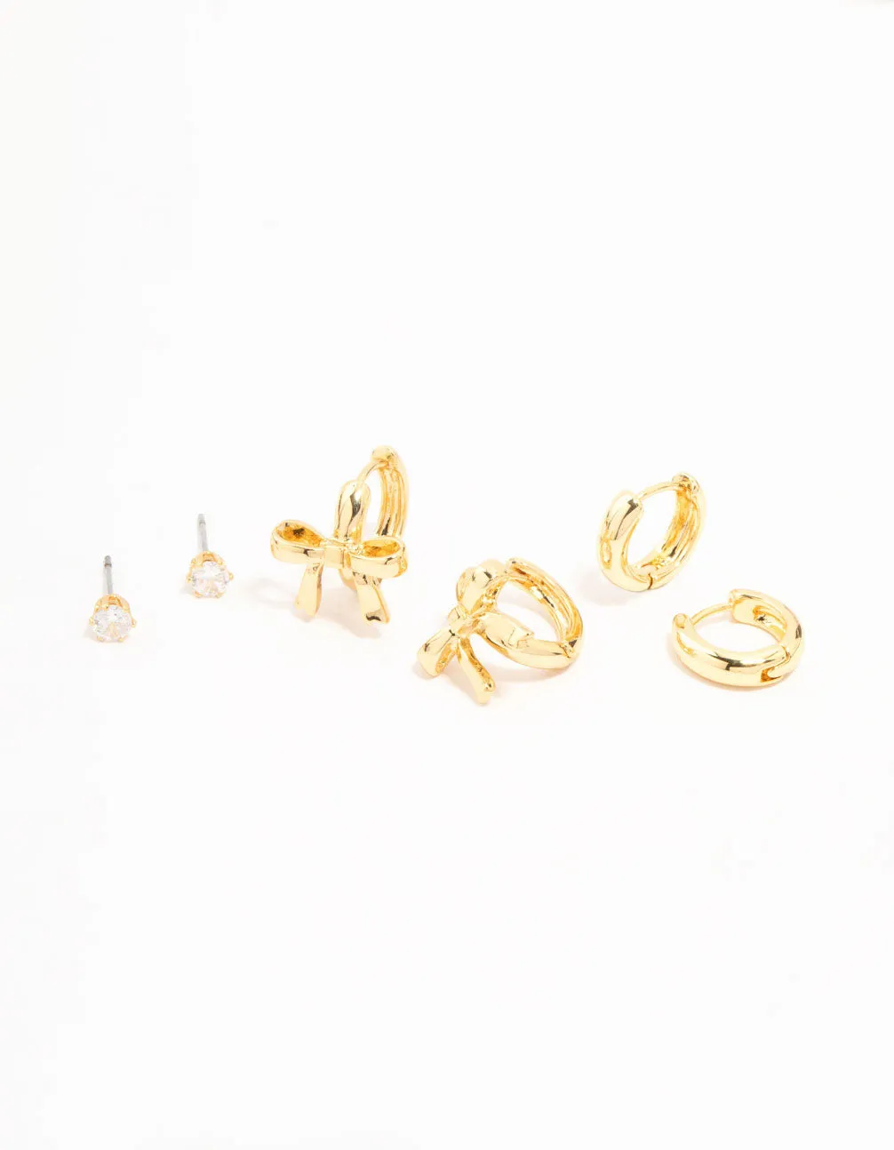 Gold Plated Brass Bow Drop & Cubic Zirconia Huggie & Stud Earrings 3-Pack