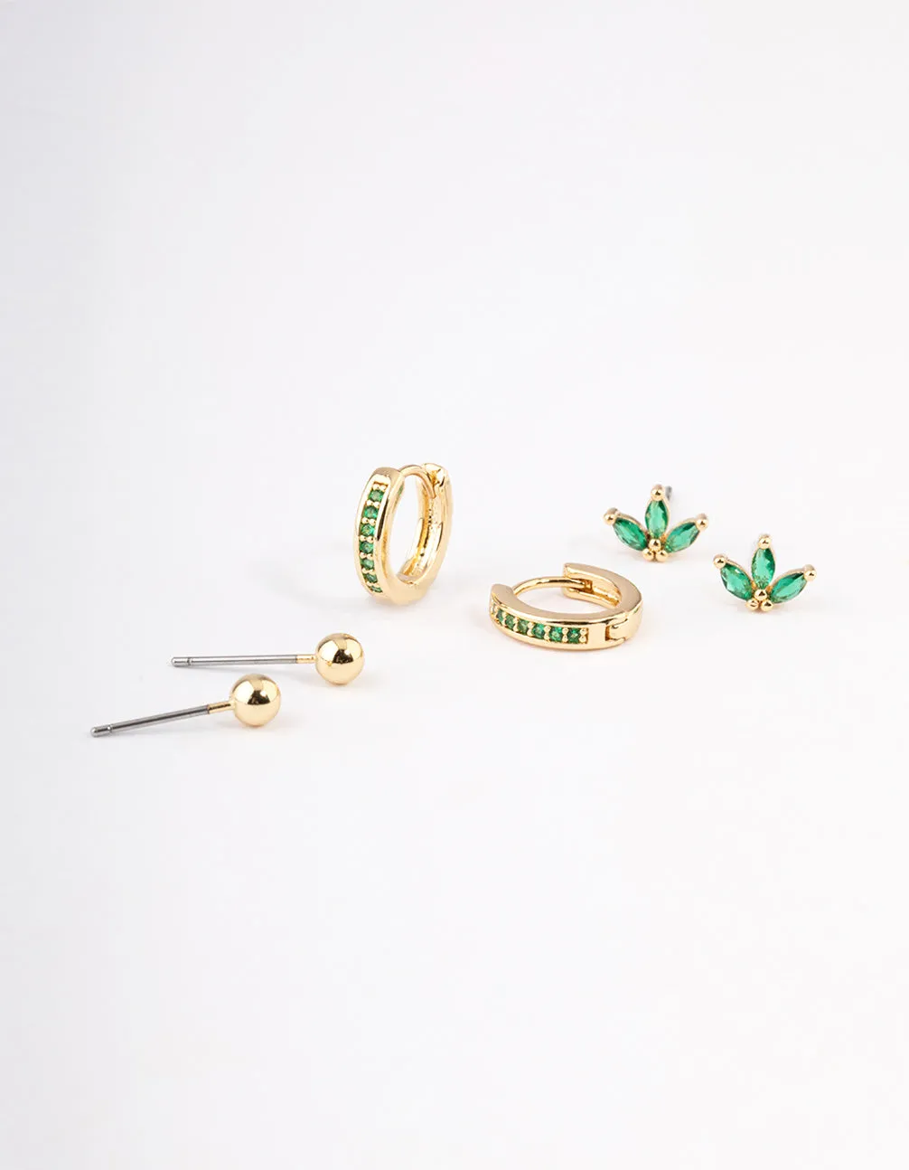 Gold Plated Brass Cubic Zirconia Marquise Stud & Hoop Earrings Pack