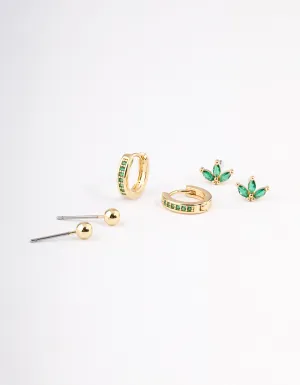 Gold Plated Brass Cubic Zirconia Marquise Stud & Hoop Earrings Pack