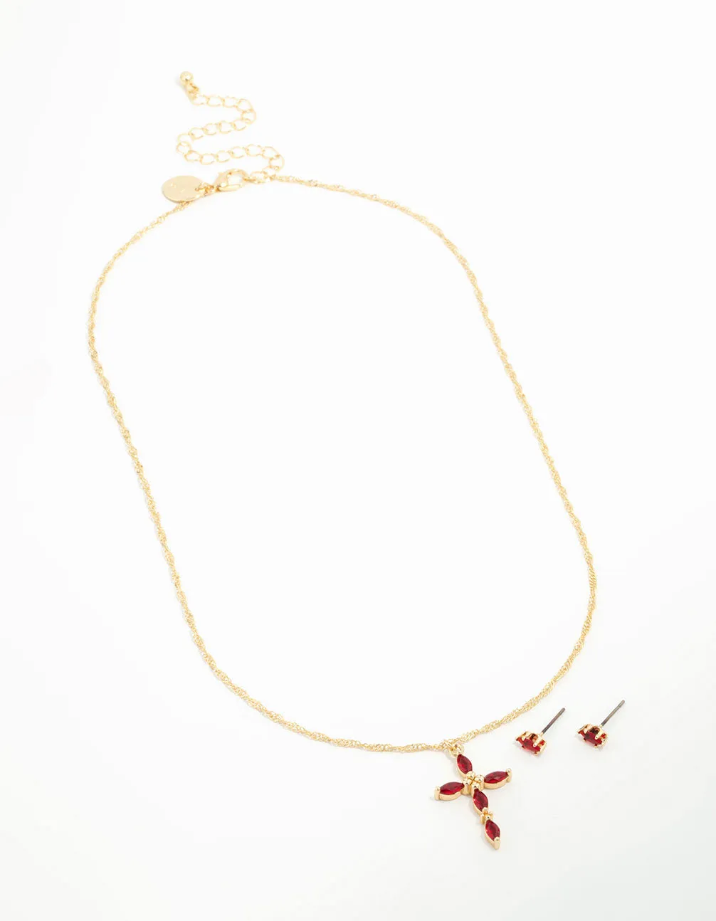 Gold Plated Red Diamante Pointed Cross Necklace & Stud Earrings Set