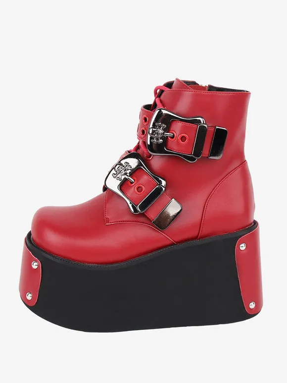Gothic Lolita Boots Red Round Toe PU Leather Lolita Footwear