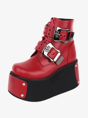 Gothic Lolita Boots Red Round Toe PU Leather Lolita Footwear