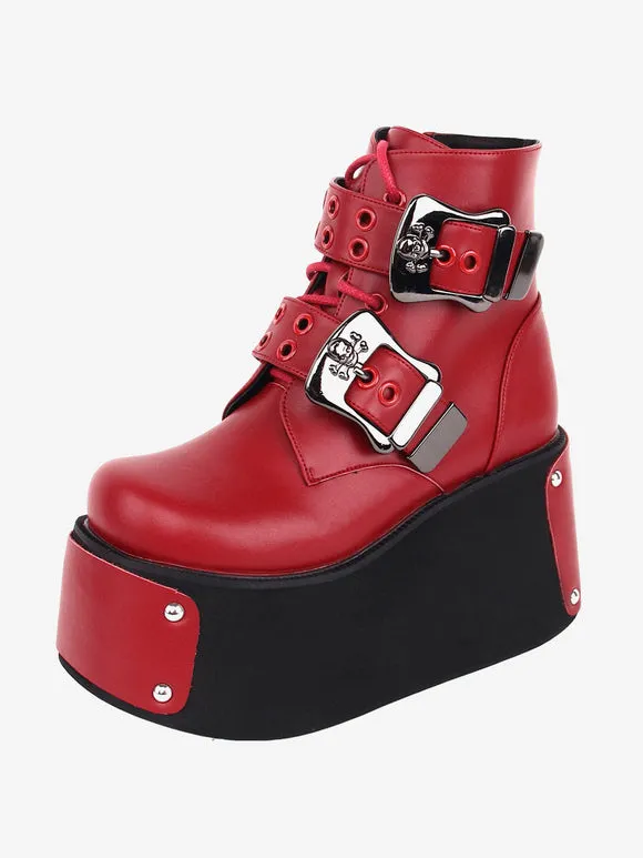 Gothic Lolita Boots Red Round Toe PU Leather Lolita Footwear