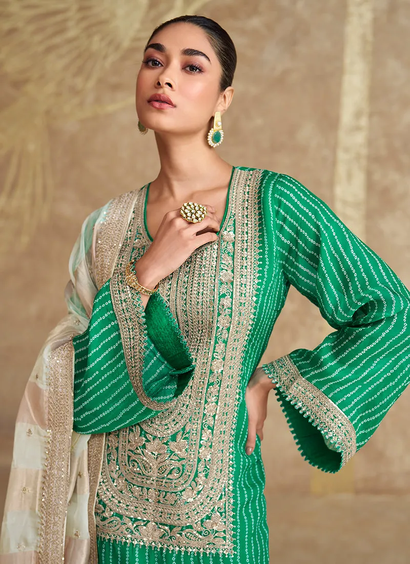 Green And Off White Embroidered Gharara Style Suit