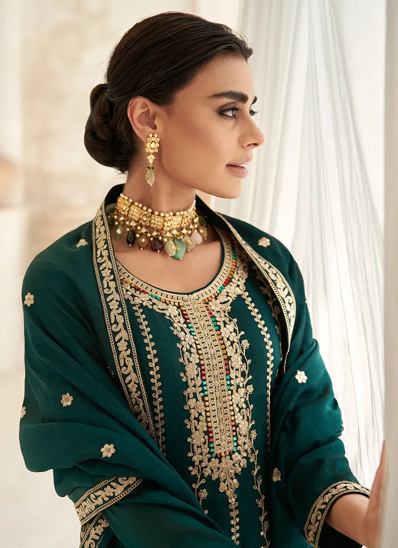 Green Multi Embroidery Anarkali Dhoti Pant Suit