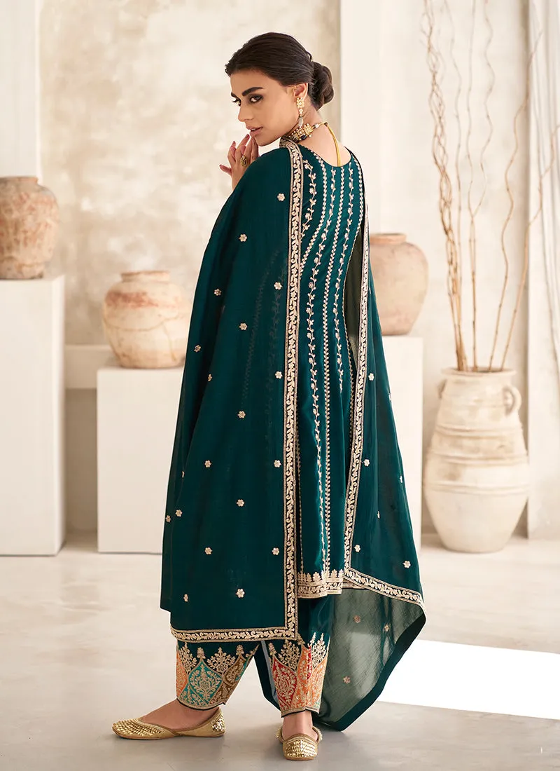 Green Multi Embroidery Anarkali Dhoti Pant Suit