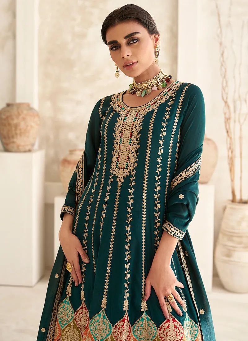 Green Multi Embroidery Anarkali Dhoti Pant Suit