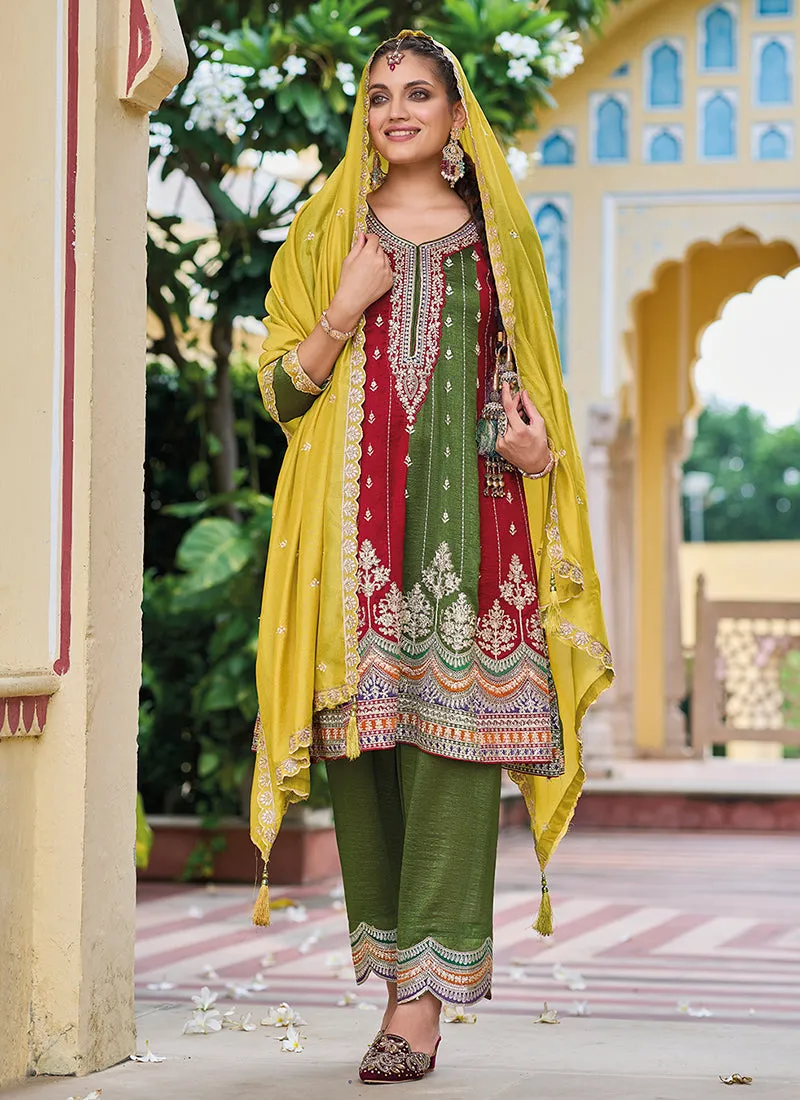 Green Multicolored Embroidery Festive Pant Suit