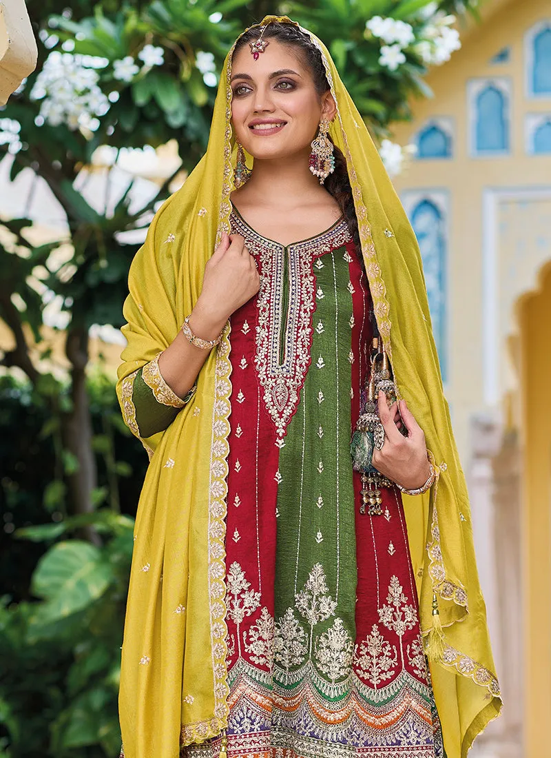 Green Multicolored Embroidery Festive Pant Suit