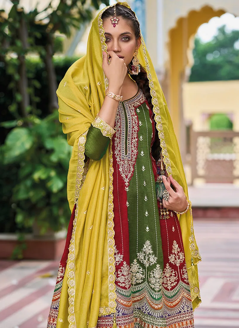 Green Multicolored Embroidery Festive Pant Suit