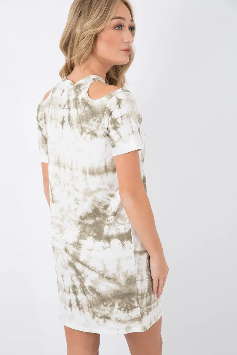 Green Tie Dye 'Living The Dream' Cold Shoulder T-Shirt Dress - Melie