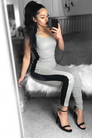 Grey With Black Side Stripe Bodycon Jumpsuit - Tinisha